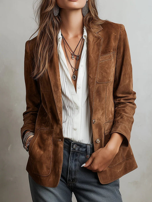 Women's Faux Suede Tailored Single-Breasted Cardigan Blazer - Image 1