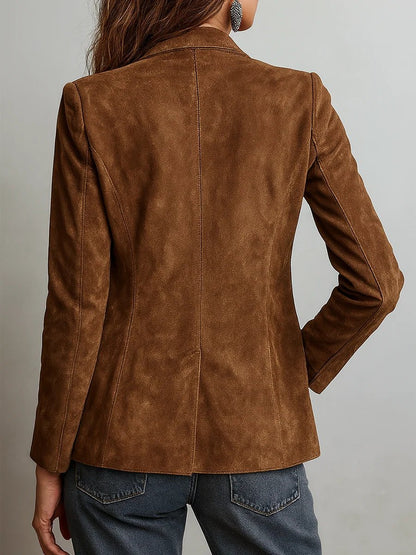 Women's Faux Suede Tailored Single-Breasted Cardigan Blazer - Image 2