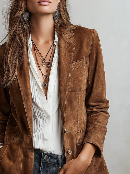 Women's Faux Suede Tailored Single-Breasted Cardigan Blazer - Image 4
