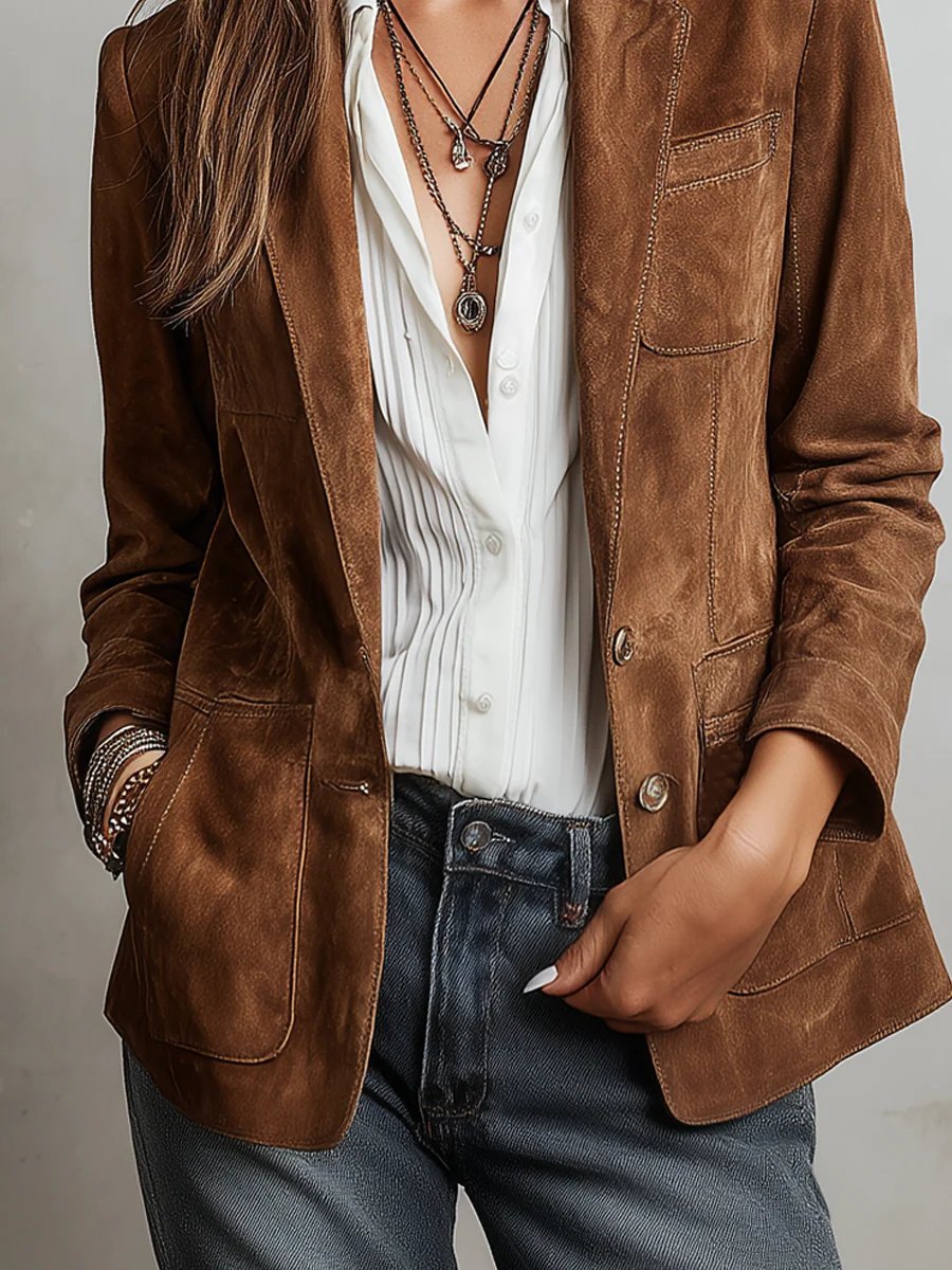 Women's Faux Suede Tailored Single-Breasted Cardigan Blazer - Image 5