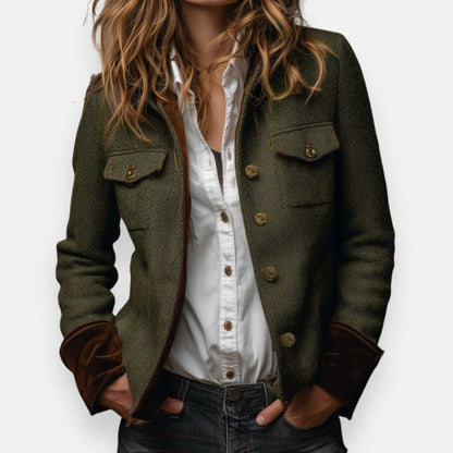 Women's Herringbone Tweed Military-Style Jacket Gold Button - Image 1