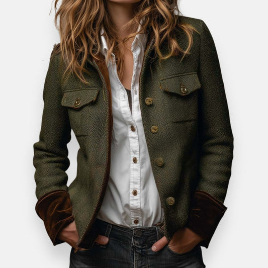 Women's Herringbone Tweed Military-Style Jacket Gold Button - Image 1