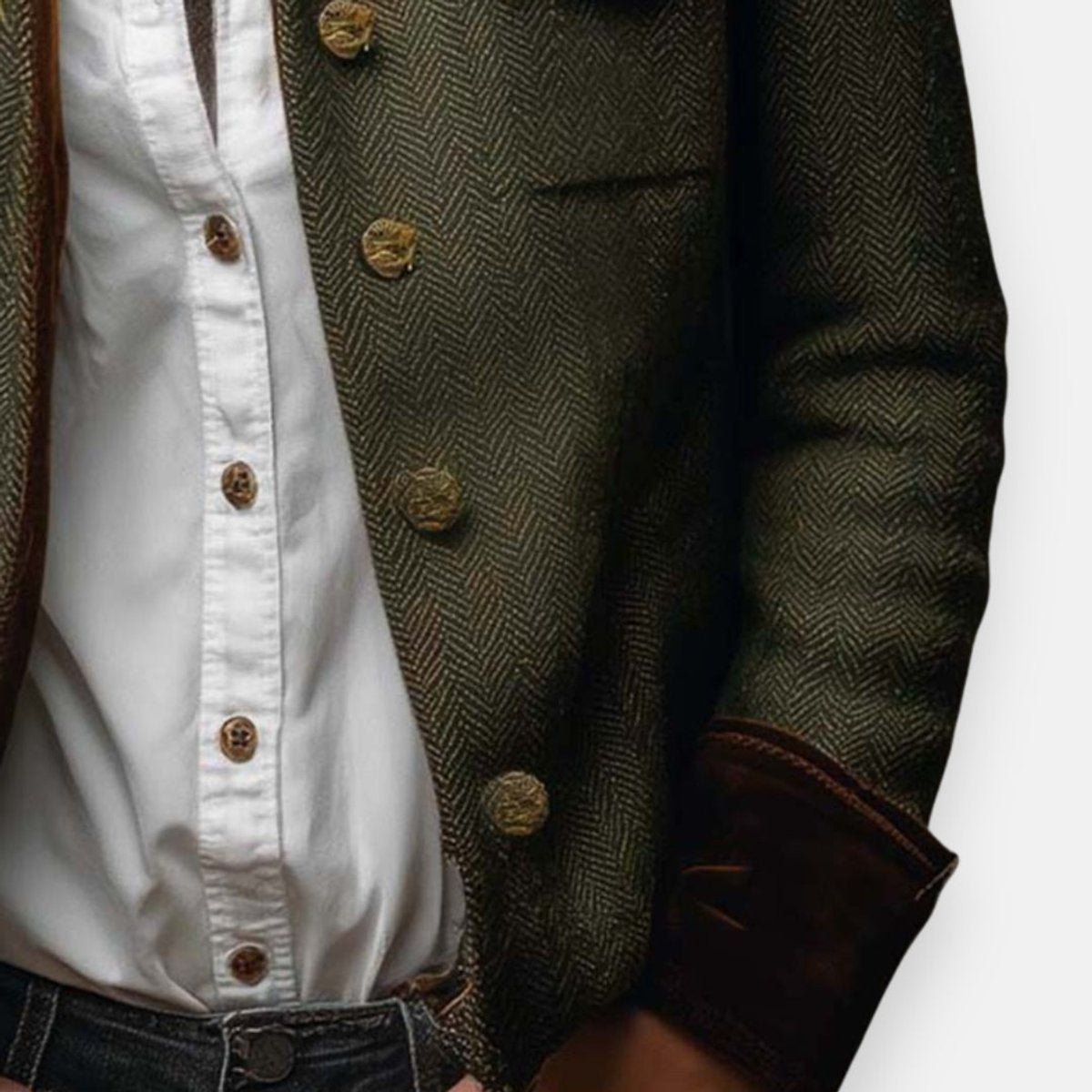 Women's Herringbone Tweed Military-Style Jacket Gold Button - Image 3