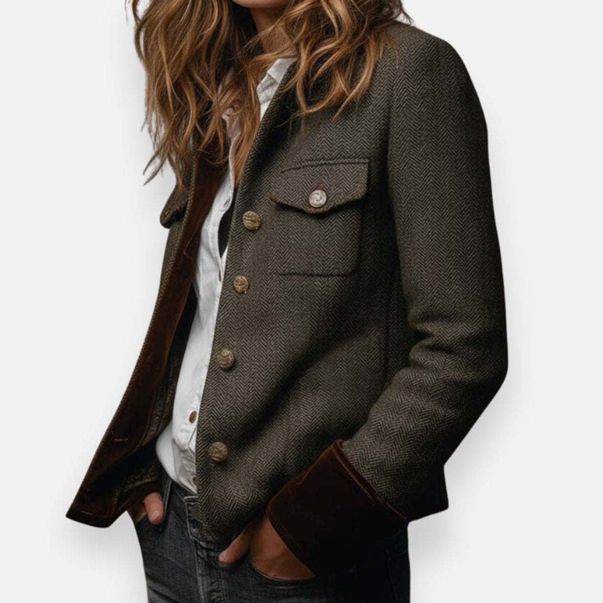 Women's Herringbone Tweed Military-Style Jacket Gold Button - Image 4