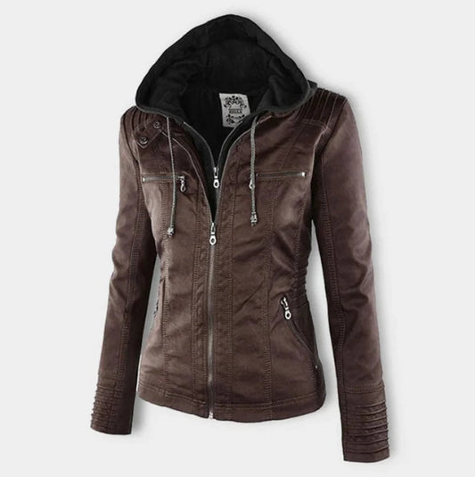 Women's Hooded Faux Leather Moto Jacket Zip-Up - Image 1