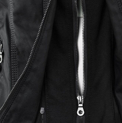 Women's Hooded Faux Leather Moto Jacket Zip-Up - Image 11