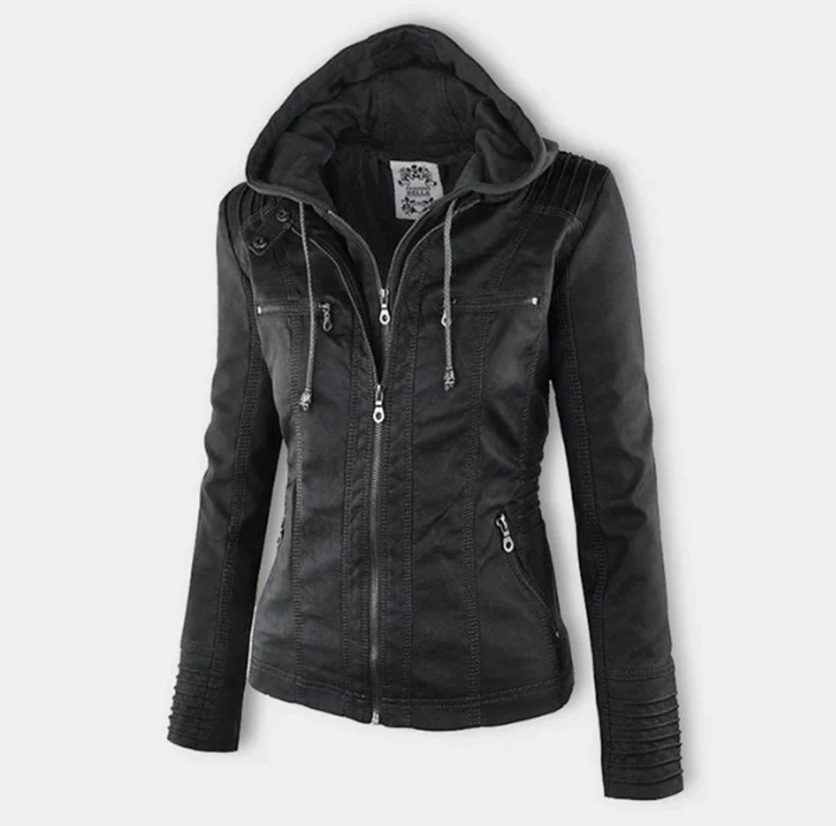 Women's Hooded Faux Leather Moto Jacket Zip-Up - Image 2