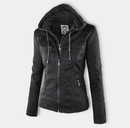 Women's Hooded Faux Leather Moto Jacket Zip-Up - Image 2