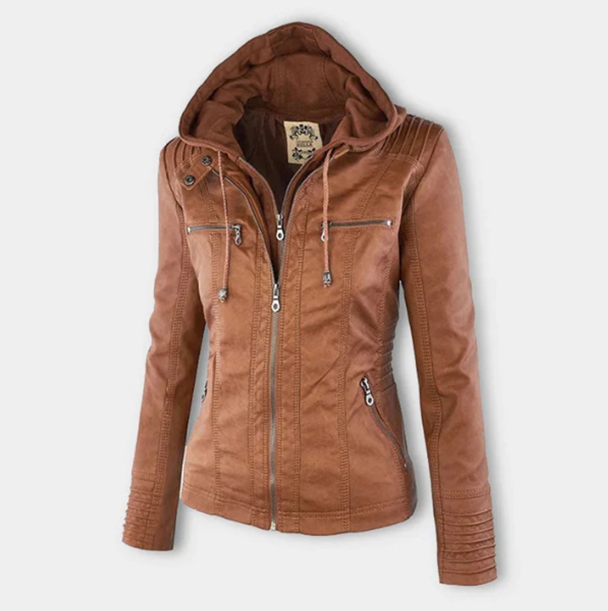 Women's Hooded Faux Leather Moto Jacket Zip-Up - Image 3