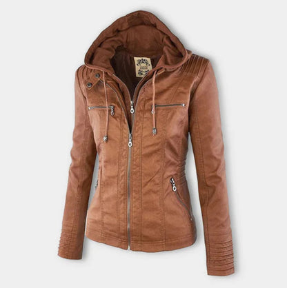 Women's Hooded Faux Leather Moto Jacket Zip-Up - Image 3