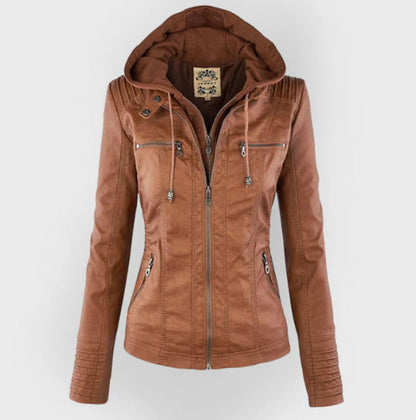 Women's Hooded Faux Leather Moto Jacket Zip-Up - Image 4