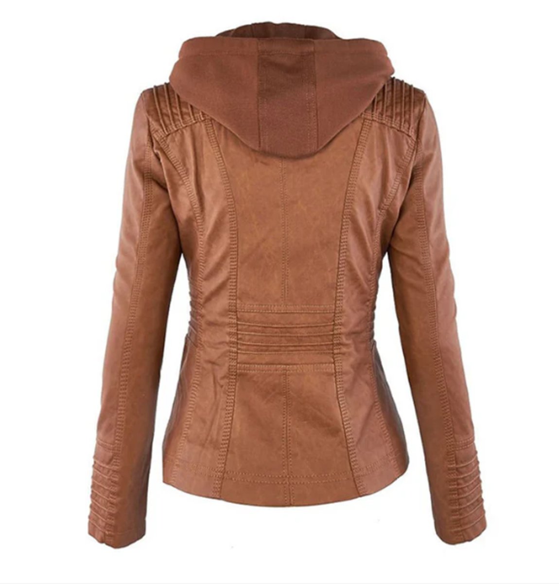 Women's Hooded Faux Leather Moto Jacket Zip-Up - Image 5