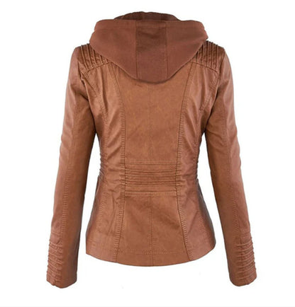 Women's Hooded Faux Leather Moto Jacket Zip-Up - Image 5