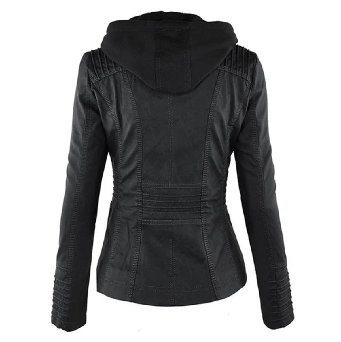 Women's Hooded Faux Leather Moto Jacket Zip-Up - Image 6