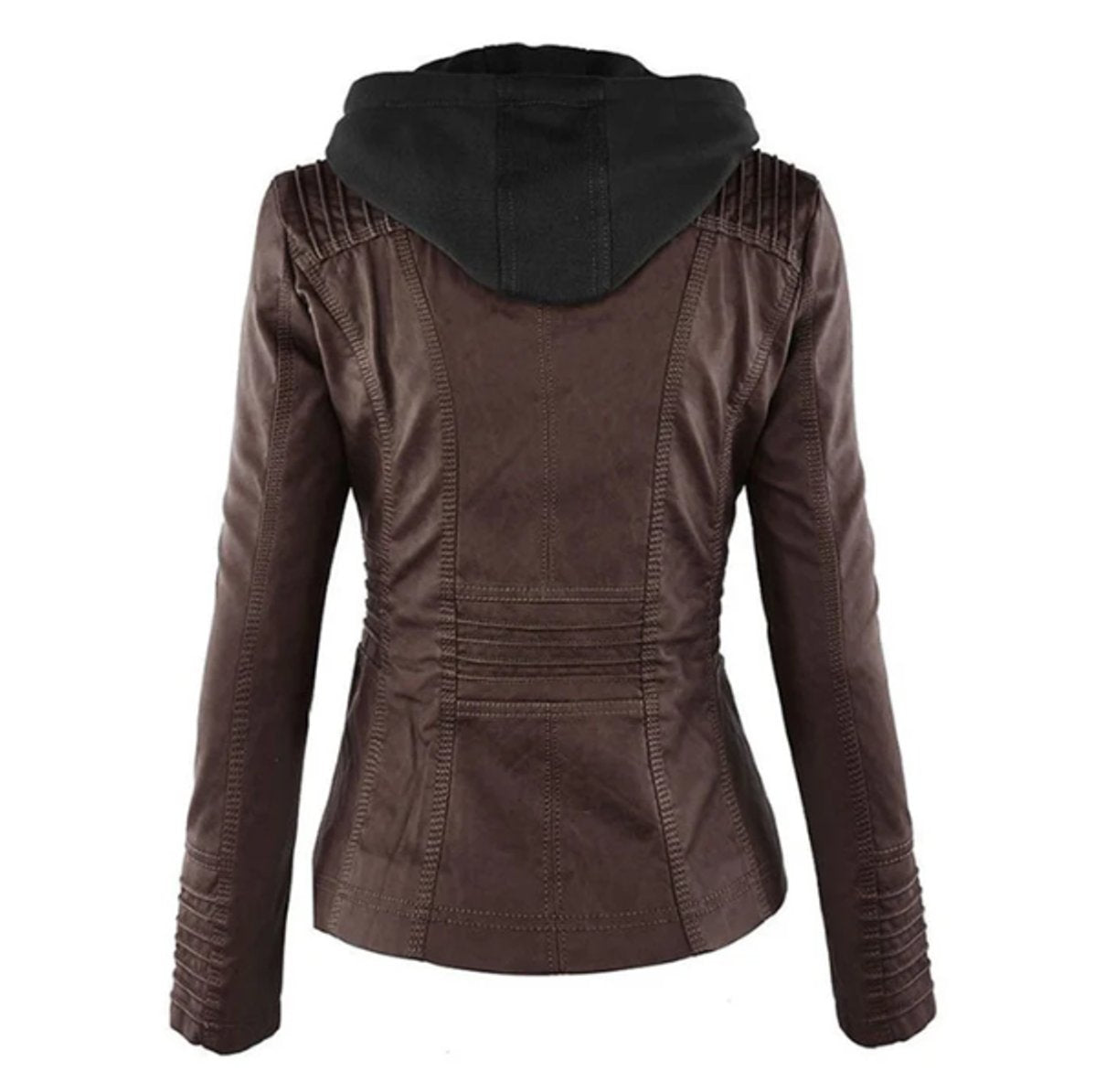 Women's Hooded Faux Leather Moto Jacket Zip-Up - Image 7