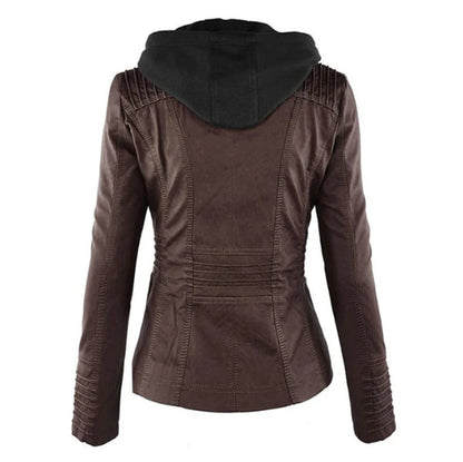 Women's Hooded Faux Leather Moto Jacket Zip-Up - Image 7