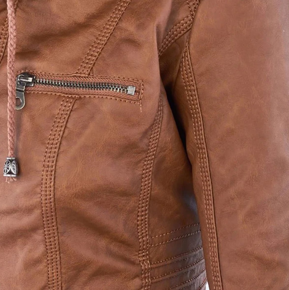 Women's Hooded Faux Leather Moto Jacket Zip-Up - Image 8