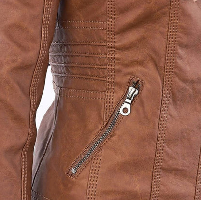 Women's Hooded Faux Leather Moto Jacket Zip-Up - Image 9