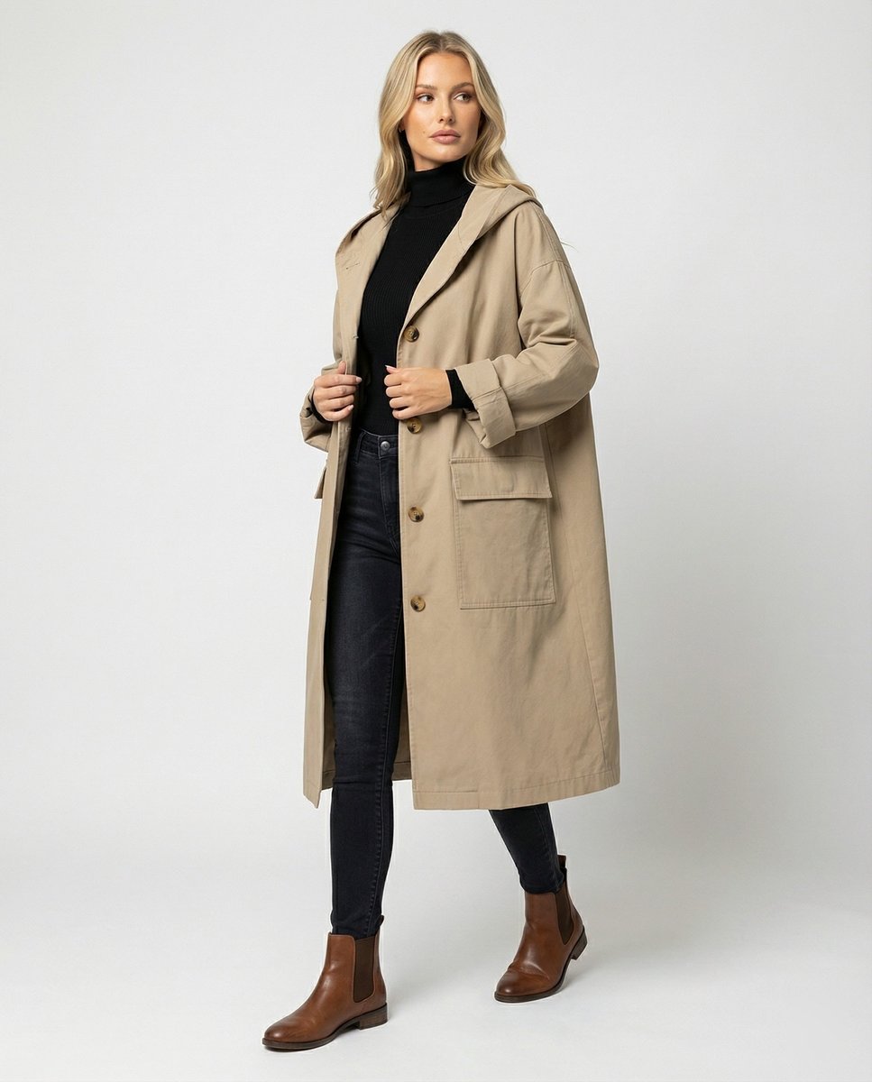 Women's Long Waterproof Hooded Trench Coat - Image 1