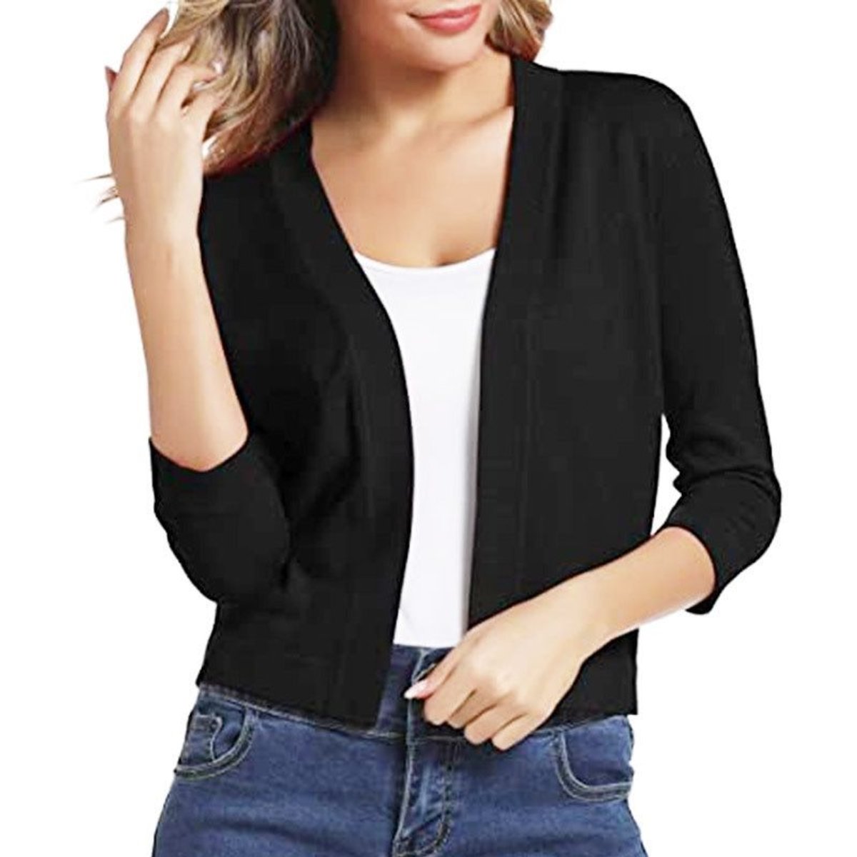Women's Open-Front 3/4 Sleeve Cropped Cardigan - Image 1