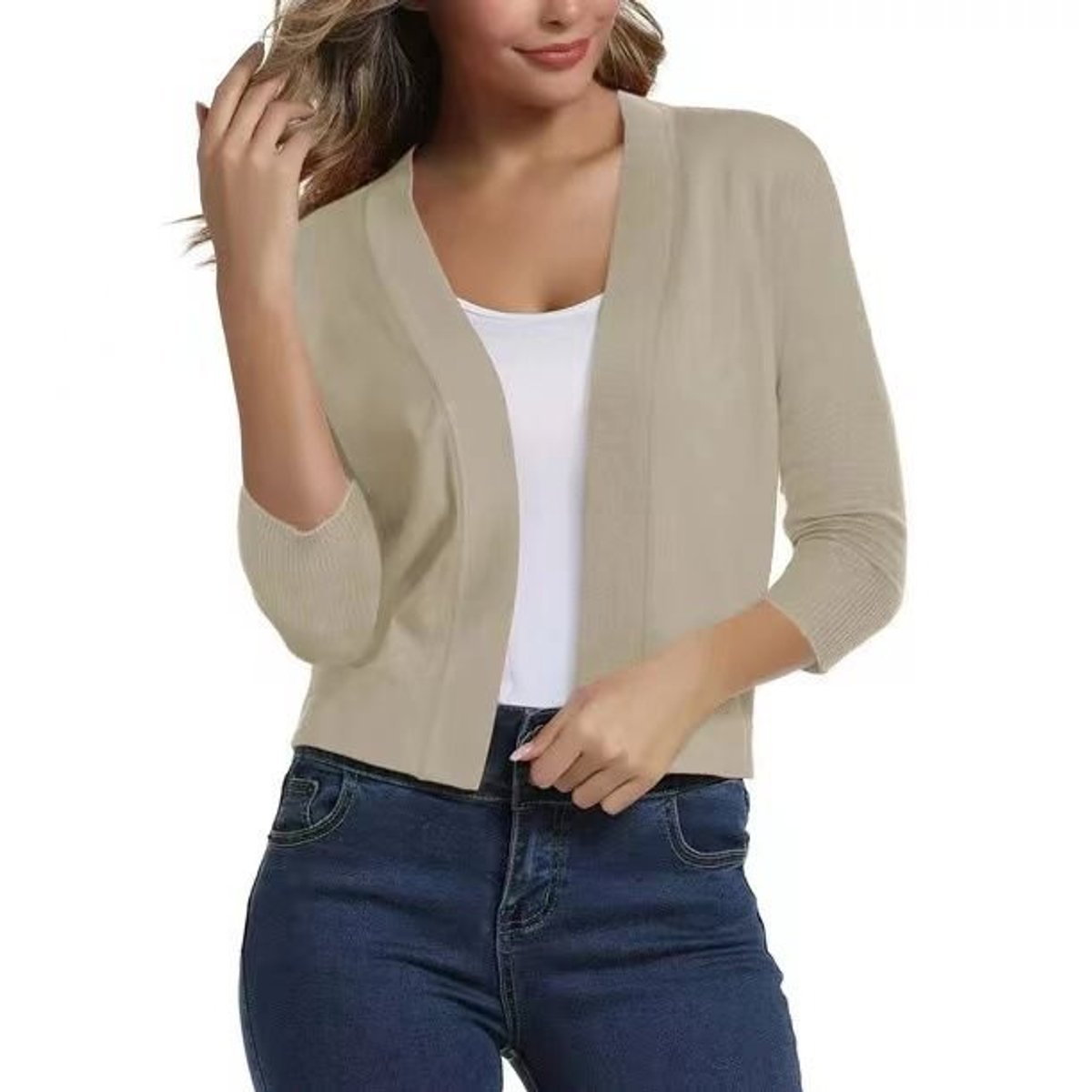 Women's Open-Front 3/4 Sleeve Cropped Cardigan - Image 11