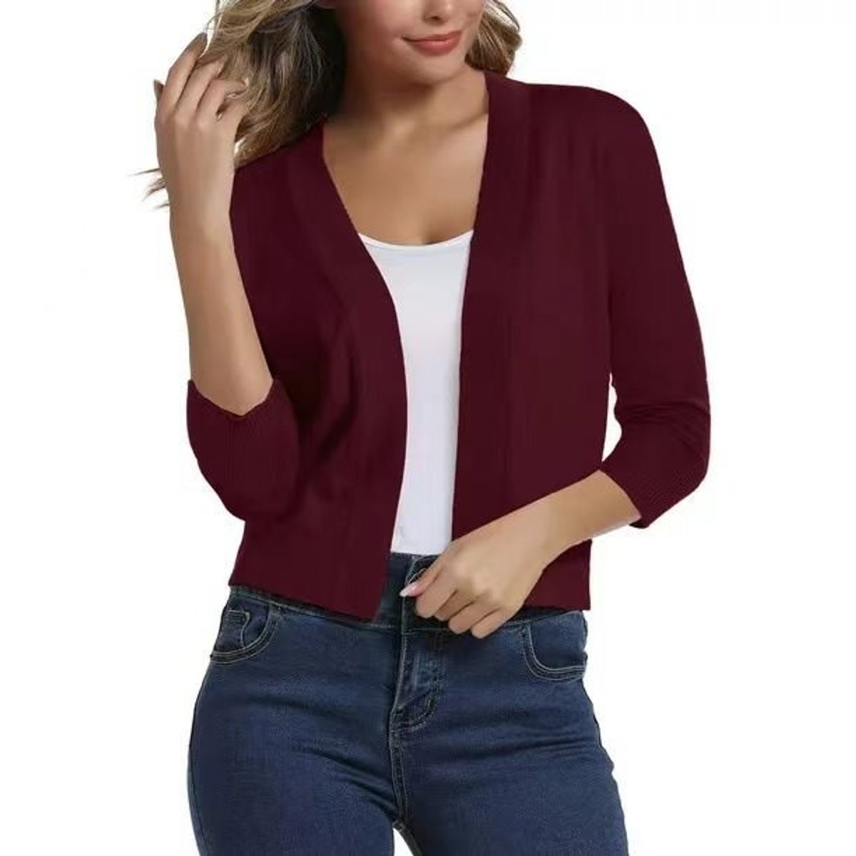 Women's Open-Front 3/4 Sleeve Cropped Cardigan - Image 18