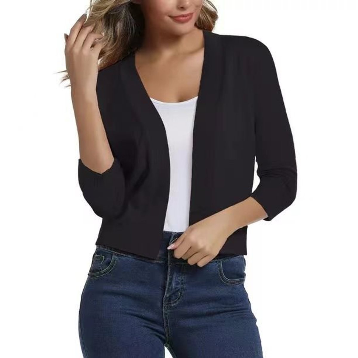 Women's Open-Front 3/4 Sleeve Cropped Cardigan - Image 3