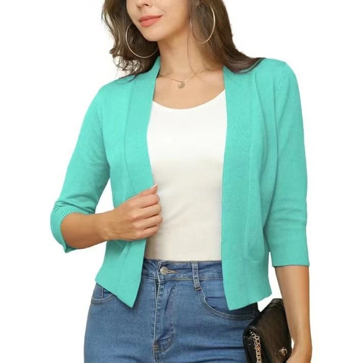 Women's Open-Front 3/4 Sleeve Cropped Cardigan - Image 7