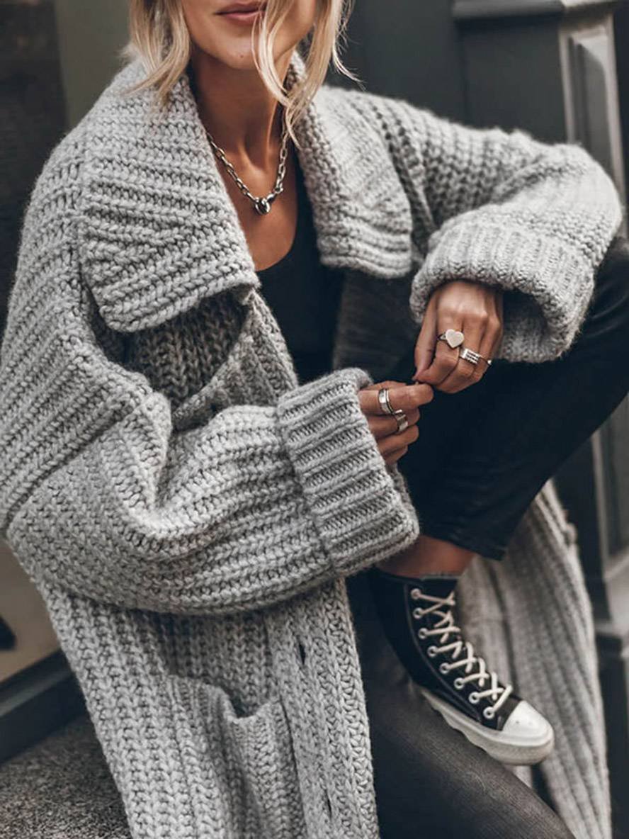 Women's Oversized Chunky Rib-Knit Longline Lapel Cardigan - Image 5