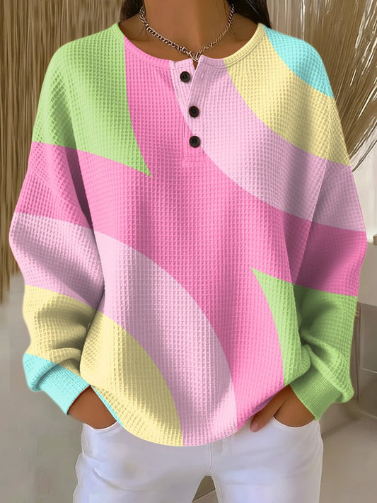 Women's Pastel Color-Block Waffle-Knit Henley Pullover Sweater