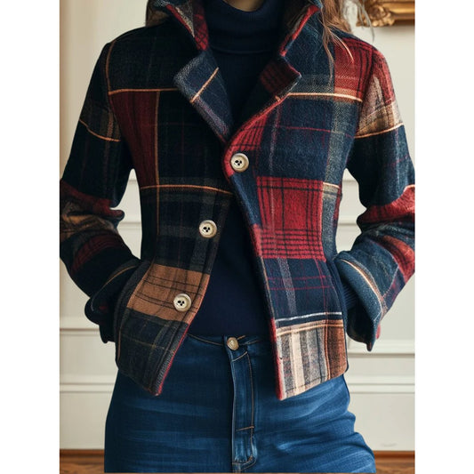 Women's Plaid Patchwork Single-Breasted Wool-Blend Jacket - Image 1
