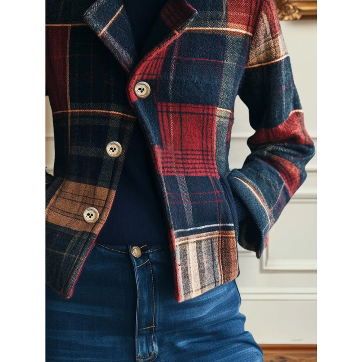 Women's Plaid Patchwork Single-Breasted Wool-Blend Jacket - Image 3