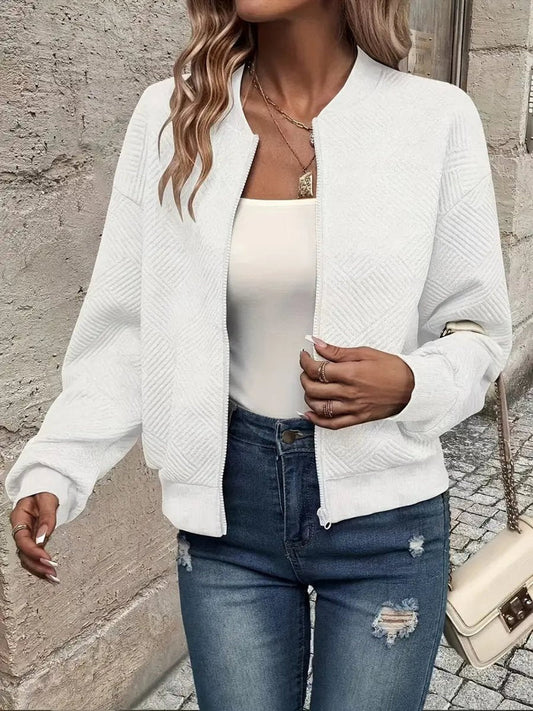 Women's Quilted Zip-Up Bomber Jacket Textured Cropped - Image 1