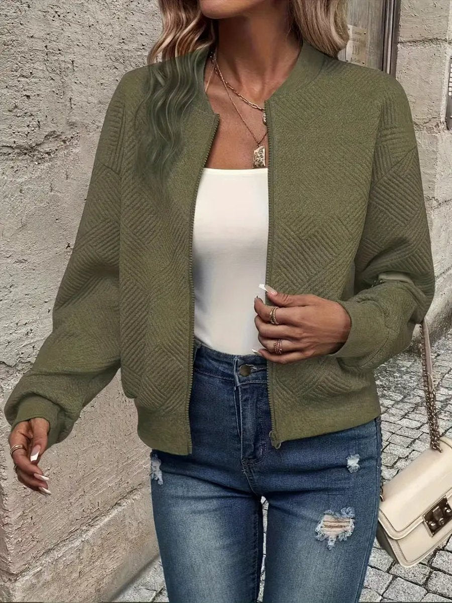 Women's Quilted Zip-Up Bomber Jacket Textured Cropped - Image 10