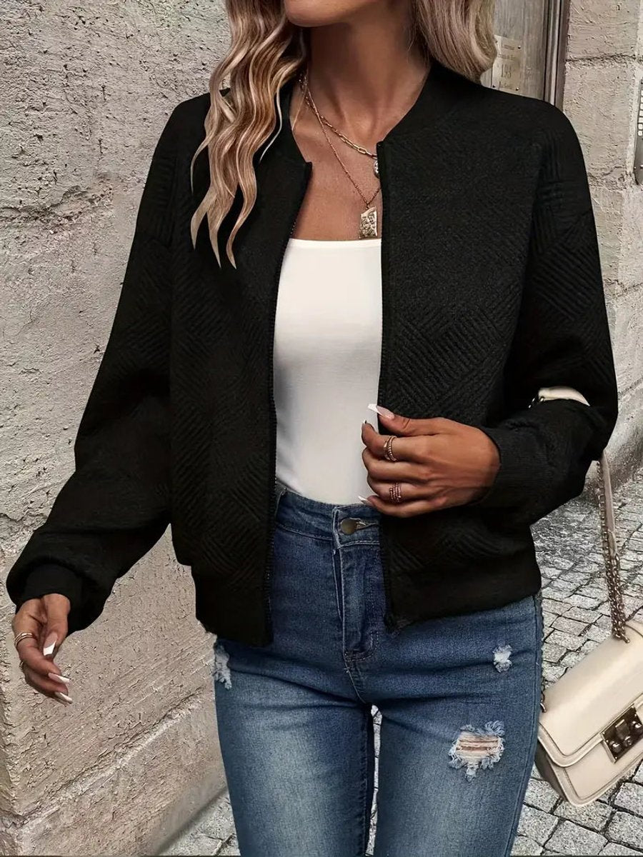 Women's Quilted Zip-Up Bomber Jacket Textured Cropped - Image 2