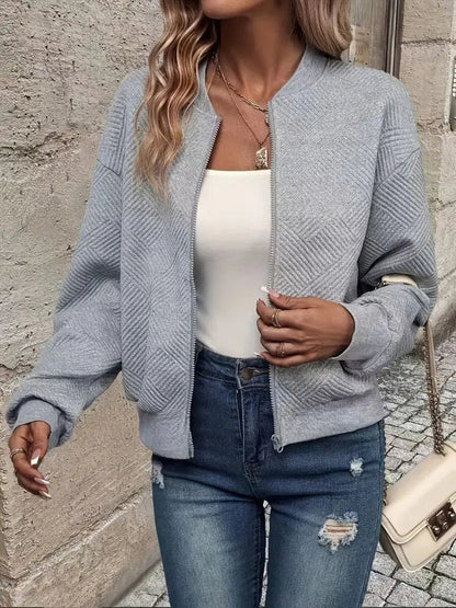 Women's Quilted Zip-Up Bomber Jacket Textured Cropped - Image 3