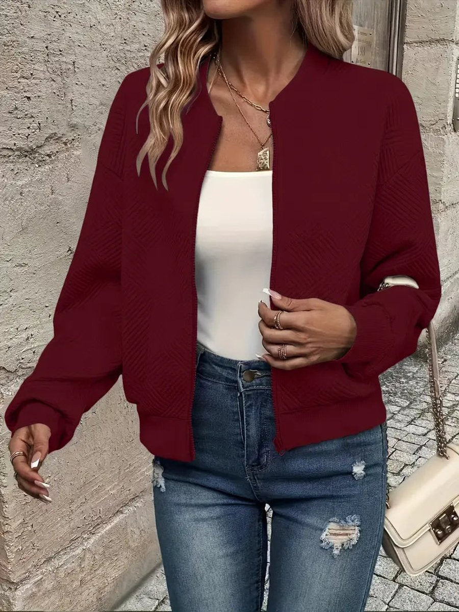 Women's Quilted Zip-Up Bomber Jacket Textured Cropped - Image 4