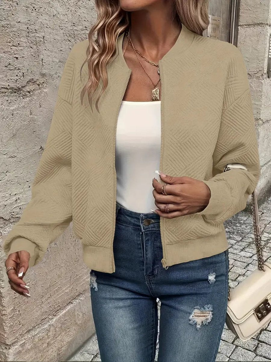Women's Quilted Zip-Up Bomber Jacket Textured Cropped - Image 5