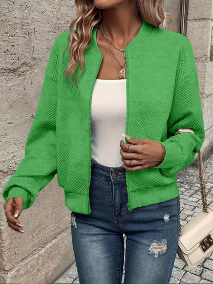 Women's Quilted Zip-Up Bomber Jacket Textured Cropped - Image 8