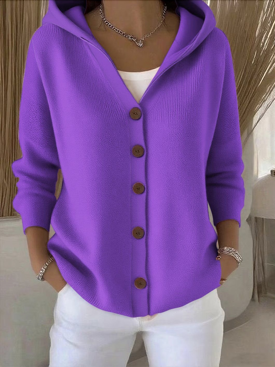 Women's Relaxed-Fit Hooded Button-Front Knit Cardigan - Image 7