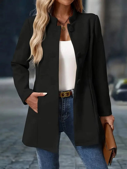 Women's Stand-Collar Button-Front Longline Blazer Coat - Image 2