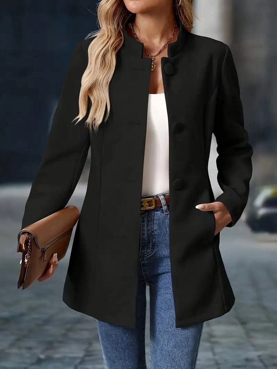 Women's Stand-Collar Button-Front Longline Blazer Coat - Image 6