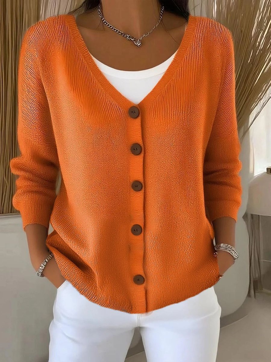 Women's V-Neck Button-Front Long Sleeve Knit Sweater - Image 1