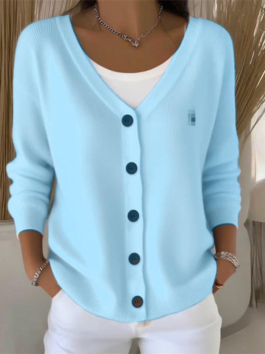Women's V-Neck Button-Front Long Sleeve Knit Sweater - Image 2