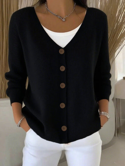 Women's V-Neck Button-Front Long Sleeve Knit Sweater - Image 3