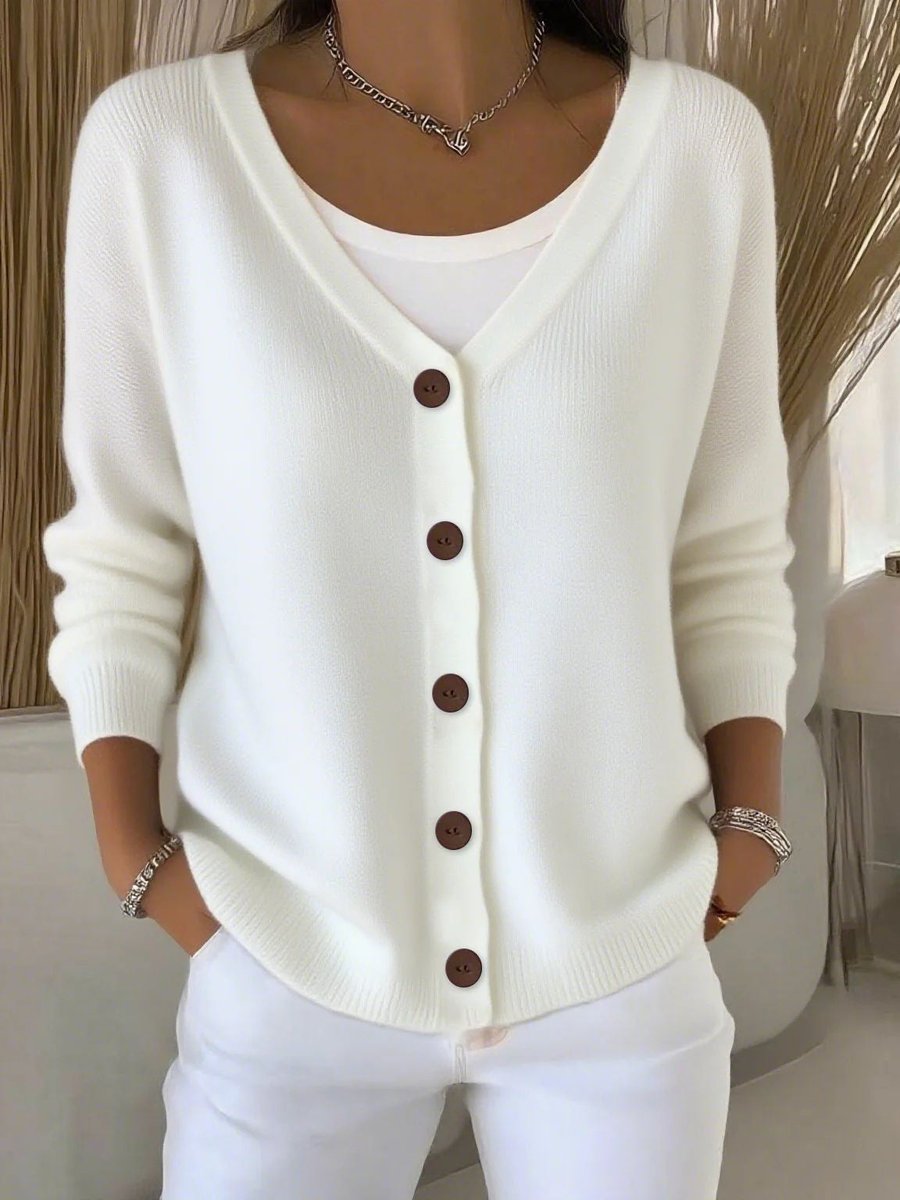 Women's V-Neck Button-Front Long Sleeve Knit Sweater - Image 4