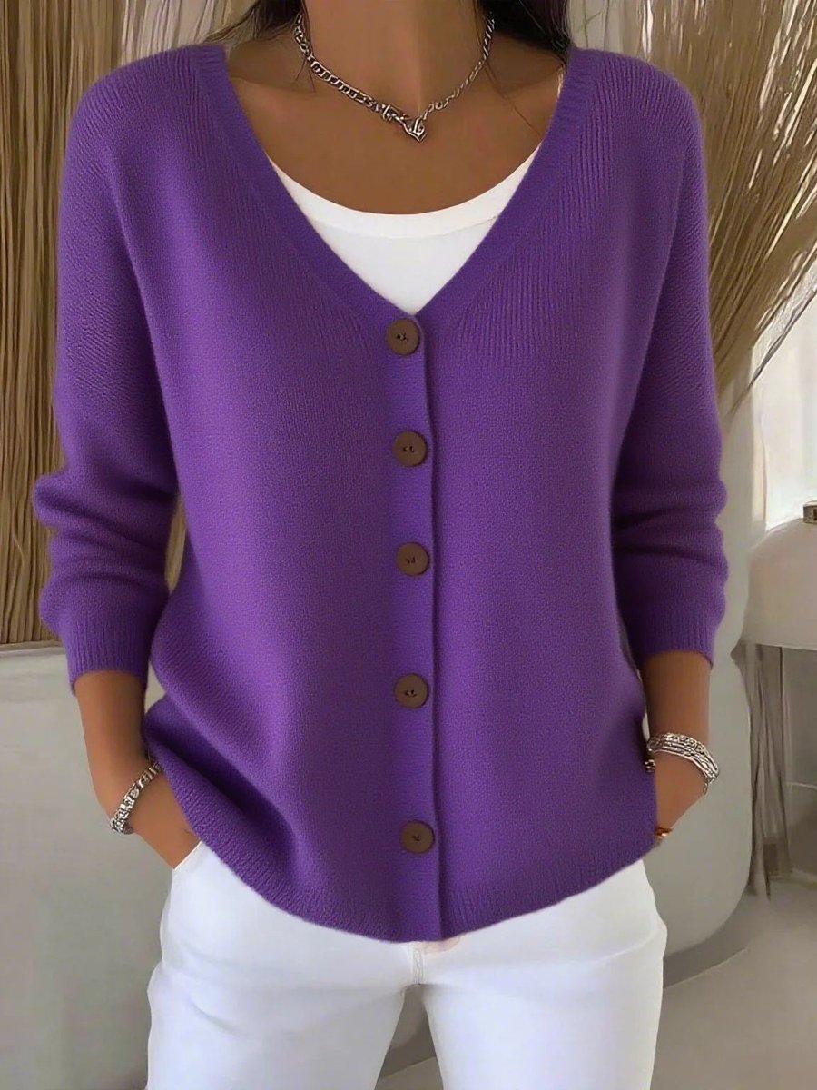 Women's V-Neck Button-Front Long Sleeve Knit Sweater - Image 6