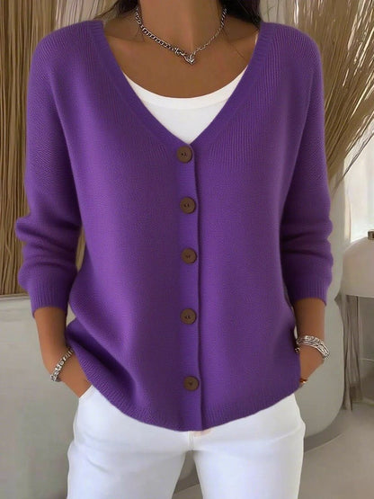 Women's V-Neck Button-Front Long Sleeve Knit Sweater - Image 6