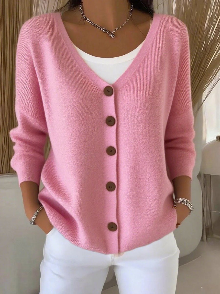 Women's V-Neck Button-Front Long Sleeve Knit Sweater - Image 7
