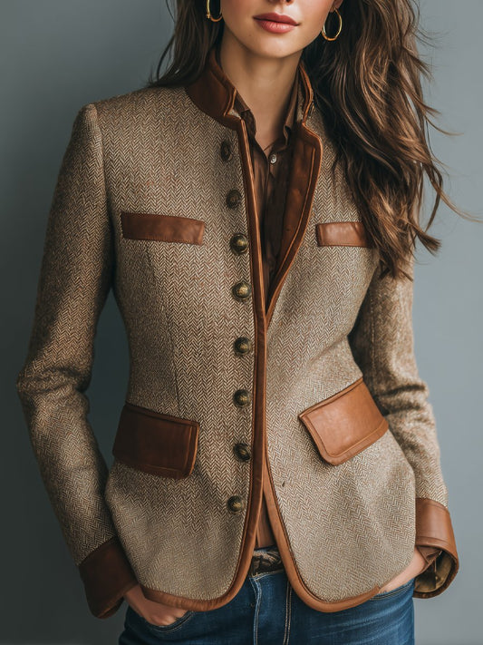 Women's Vintage Herringbone Tweed Leather-Trim Button-Front Jacket - Image 1